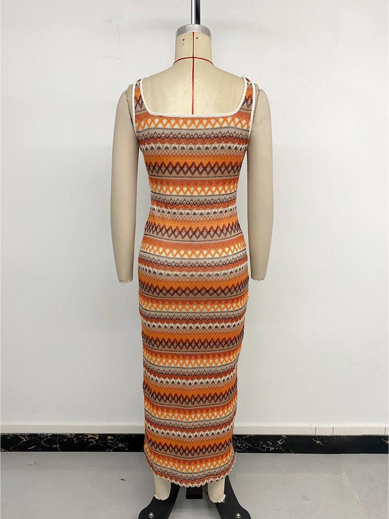 2025 Geometric Striped Jacquard Vacation Sling Dress with Slit