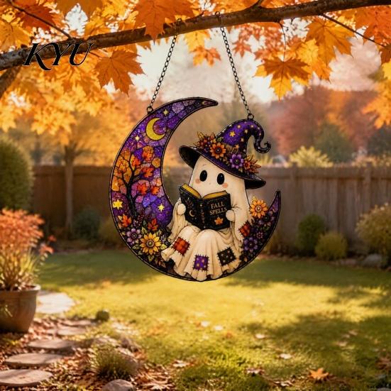 Acessórios Divertidos para Pátio 2D Lua Fantasma Abóbora Vitral Acrílico, Ornamento Pendurado para Janela de Halloween Exterior de Fazenda, Outono Ação de Graças
