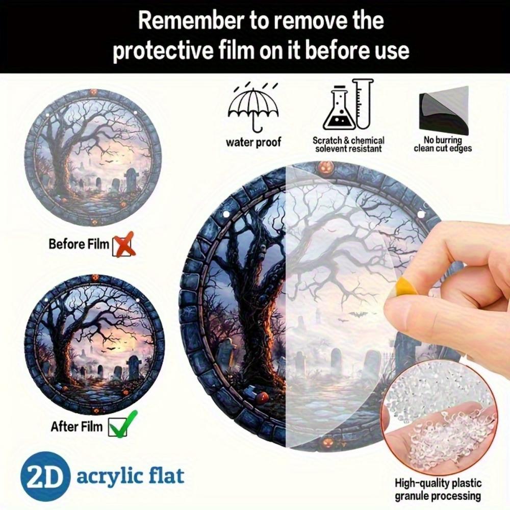 2D flat round acrylic pendant, Halloween cemetery bat and pumpkin pattern art decoration plaque, for window, wall, porch, classroom, yard  decoration