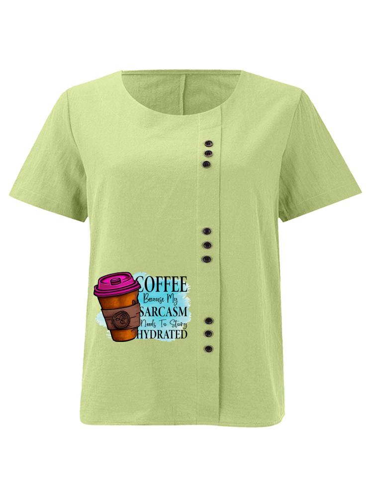 Women's Fashion Coffee Alphabet Print Casual Cotton Linen Short Sleeve Round Neck T-shirt Shirt Leisure Loose Summer Blouse Tops