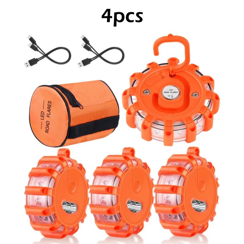 Rechargeable LED Road Flares Roadside Emergency Lights For Vehicles Flashing Flare Beacon Disc Magnetic Base&Hook USB-C Cable