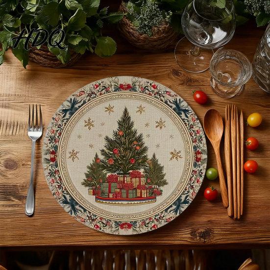Round Christmas Placemat Placemat 14 Inch Festive Pattern Anti Slip Tabletop Protector Tableware Heat Insulation Place Mat for Dining Table Kitchen