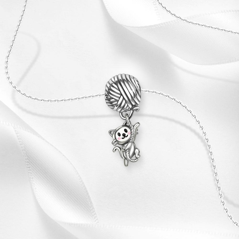 Ahthen copper Bead Charms Cat Playing with String Charm fit Snake Chain Bracelets Necklaces for Women Jewellery Making