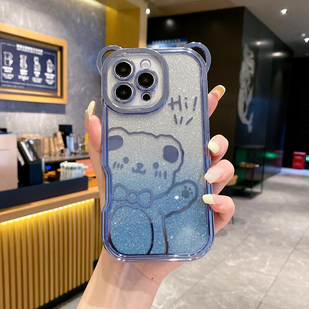 For iPhone 16 Pro Case Cute Bear Electroplating TPU Phone Cover with Gradient Glitter Paper