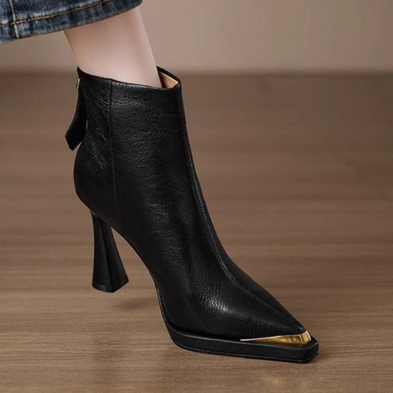 Fashion Fine Heel Single Boots Autumn New Metal Pointed Toe Rear Zip Anti-Slip Wear-Resistant High Heel Boots