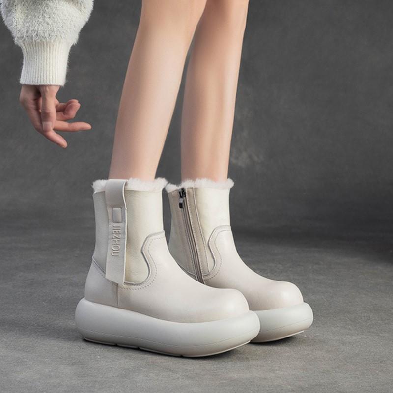Johnature Retro Warm Side Zipper Thick Soled Women's Short Boots Genuine Leather Wool Snow Boots
