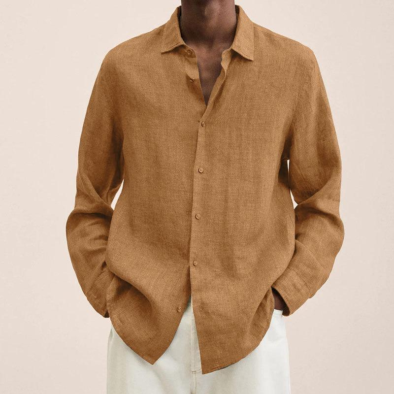 Men's Linen Cotton Long Sleeve Shirt Casual Loose Fit Button Down Collar Breathable Solid Color Summer Tops For Men