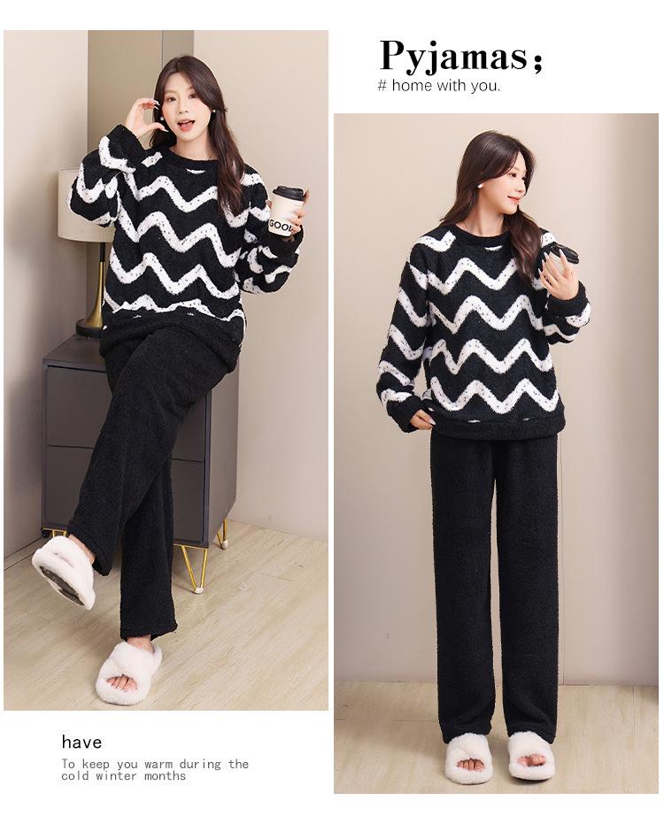 Unisex Winter-Pyjama-Set aus Korallenfleece - Verdickt, mit Plus-Samt, Warme Hauskleidung, Rundhals-Pullover, Perfekt für den Innen- und Außenbereich