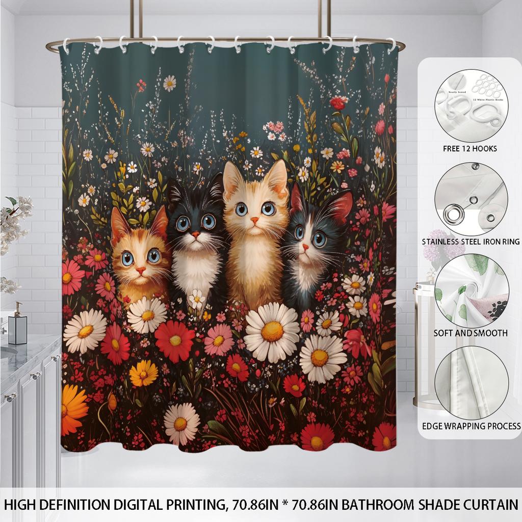 1pc Cute Kitten Print Waterproof Shower Curtain Partition Privacy Hanging Curtain with 12 Hooks Multiple Sizes Machine Washable