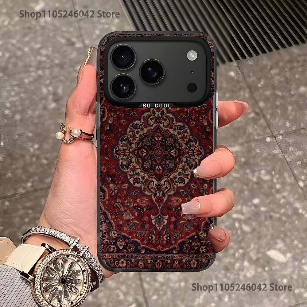 Persian Carpet Floral Pattern Black Matte Shockproof CoverPhone Case For iPhone 17,16,15,14,13,12,11,Pro,XS,Max,Plus,Mini,SE4,E