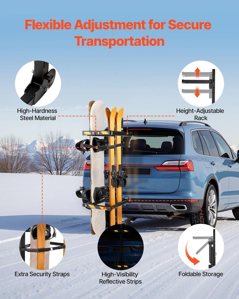 Klappbarer Ski- und Snowboardträger für die Anhängerkupplung, Passend für 50 mm Receiver, Trägt bis zu 6 Paar Ski oder 4 Snowboards, Verstellbarer, an der Anhängerkupplung montierbarer Träger für das Auto