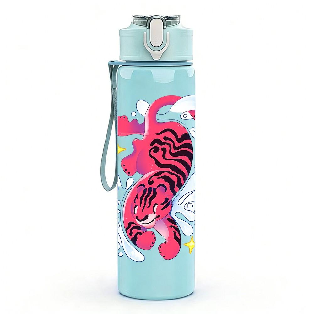 1PC Pink Tiger Ink Splash Art Print 750ml Color Plastic Sports Water Bottle Leakproof Flip Straw Lid Suitable for Sports Office Home Use