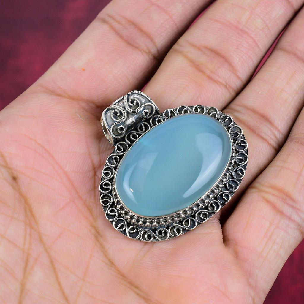 Blue Chalcedony Pendant, 925 Sterling Silver Pendant Jewelry, Handmade Pendant Gemstone Amazing Jewelry For Thanksgiving