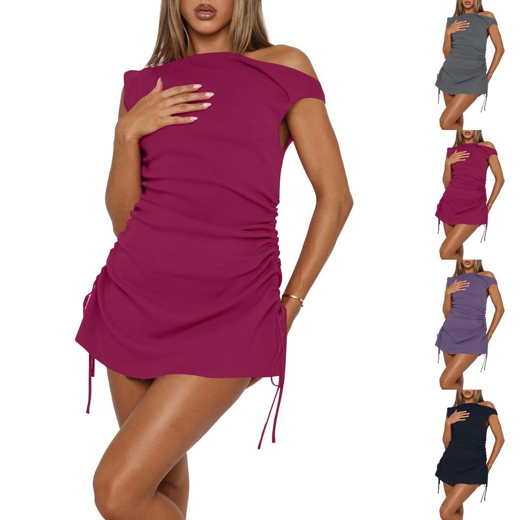 Women's Fashionable Slim Fit Sexy Hip Hugging Off Shoulder Pleated Drawstring Dress