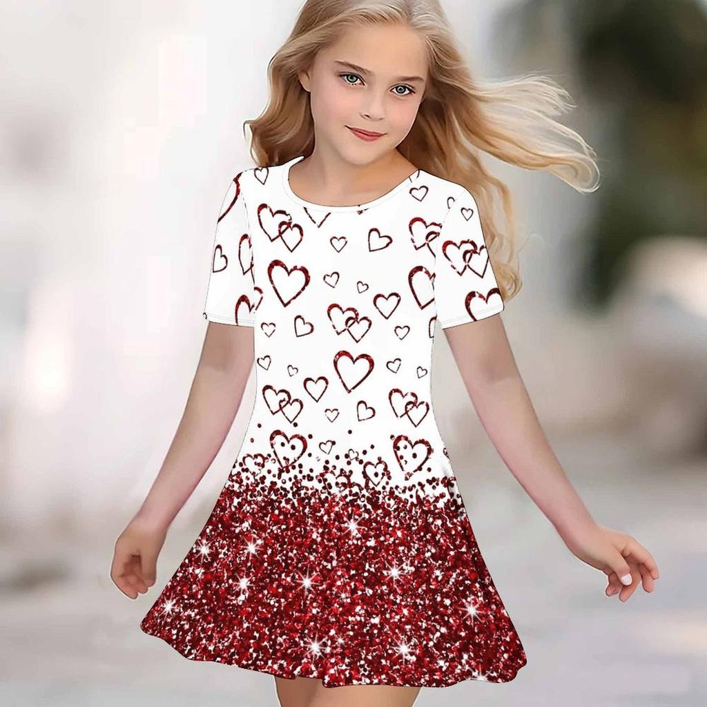 Vestiti Stampati 3D per Bambine Vestito da Festa Corto Manica Corta Principessa Bambina Canotta con Stampa 3D a Forma di Cuore