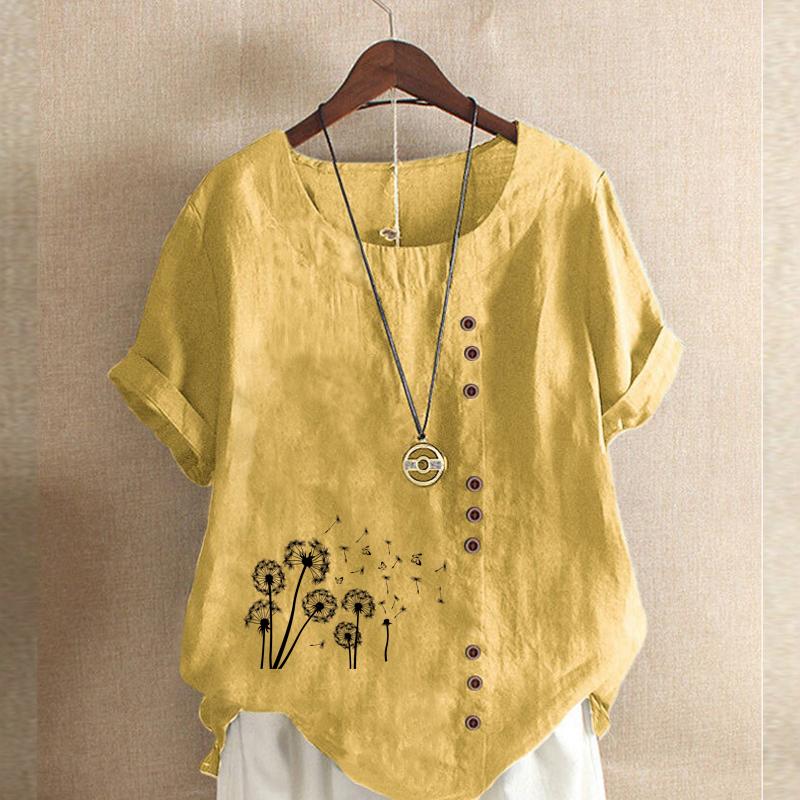 Women's Fashion Black Dandelion Prined Short Sleeve T-shirt Loose Cotton Shirt Casual Loose Summer Plus Size Blouse Tops