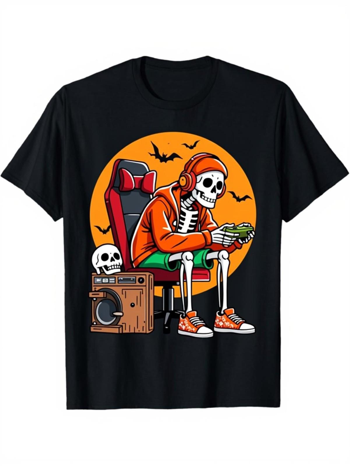 New Halloween Skeleton Graphic T Shirt Black Short Sleeve Casual Streetwear Spo S разноцветный