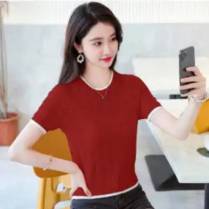 Womens Solid Color Crew Neck Hollow Out Knit Short Sleeve T Shirt