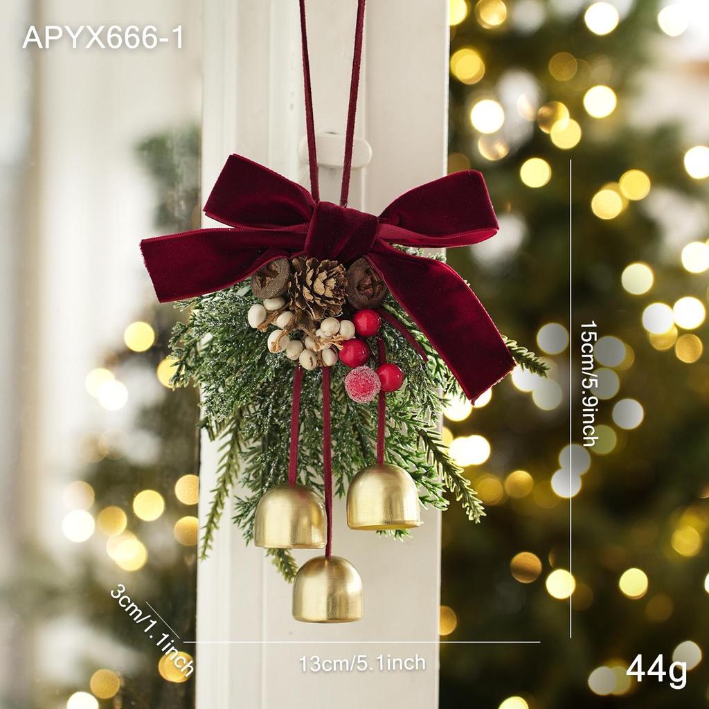 Velvet Bow Bell Ornament with Pine Cone for Christmas Tree Decoration