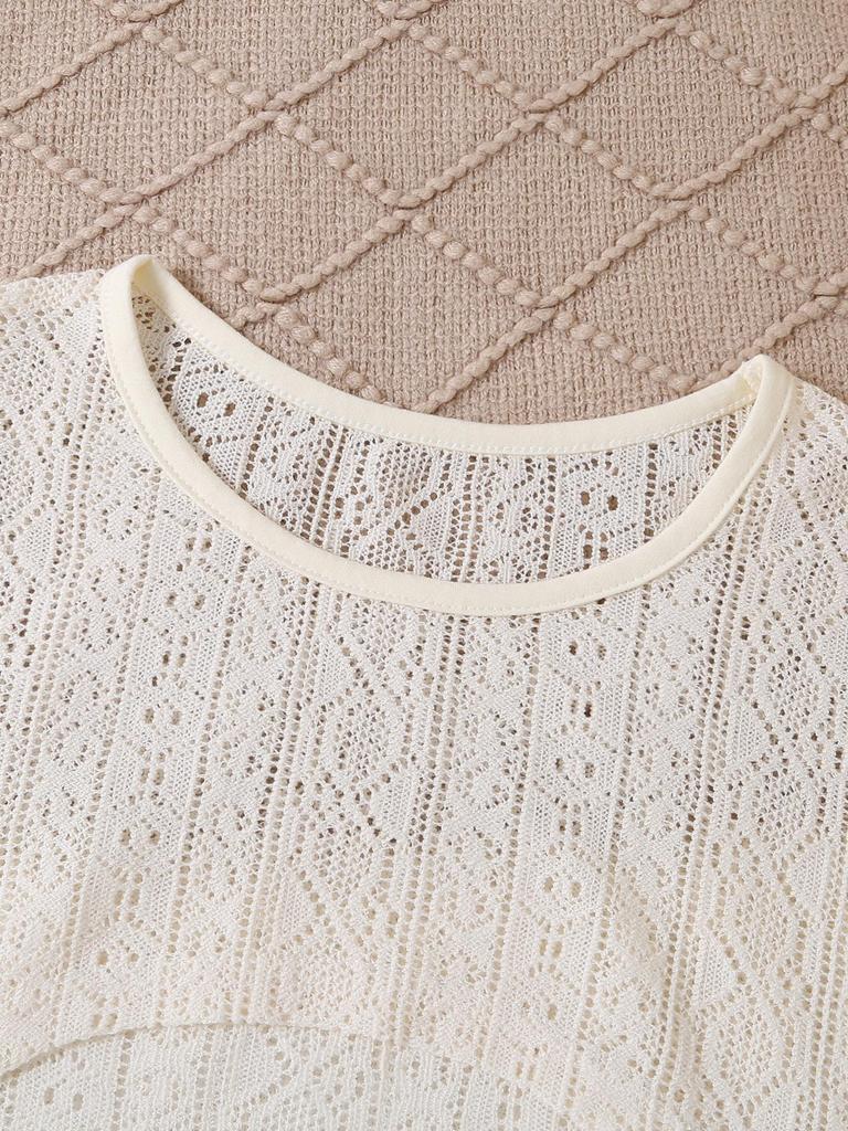 2-Piece Girls' Summer Set: Light Retro Ethnic Geometric Cutout Crew Neck Long-Sleeve Cropped Top with Linear Design Cami Dress