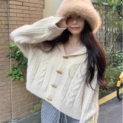 Autumn Winter Horn Button Knitted Sweater Women's Short Cardigan Jacket Loose Korean Fashion Solid Hooded Sweaters Youth Women