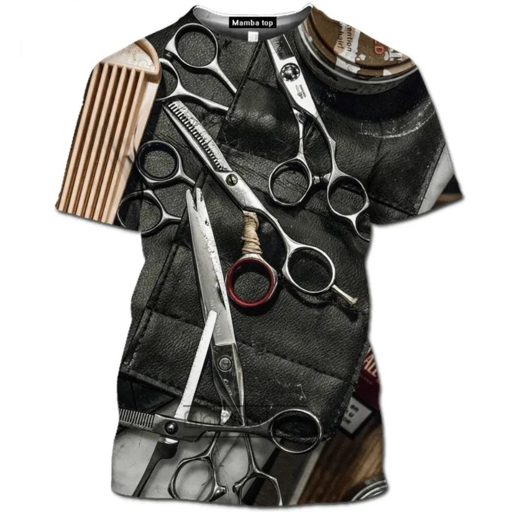 Men's Retro Barber Tool Pattern Men's Printed T-shirt Personalized Round Neck Fashion Comfortable Short sleeved Top