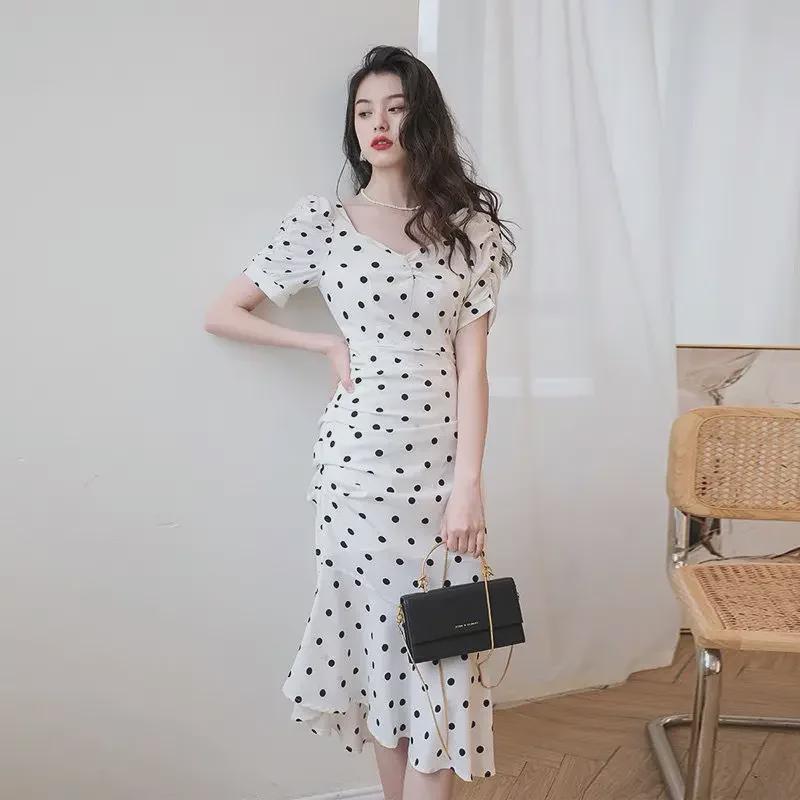 Women's Retro Polka Dot Chiffon Fishtail Dress - Black French Style