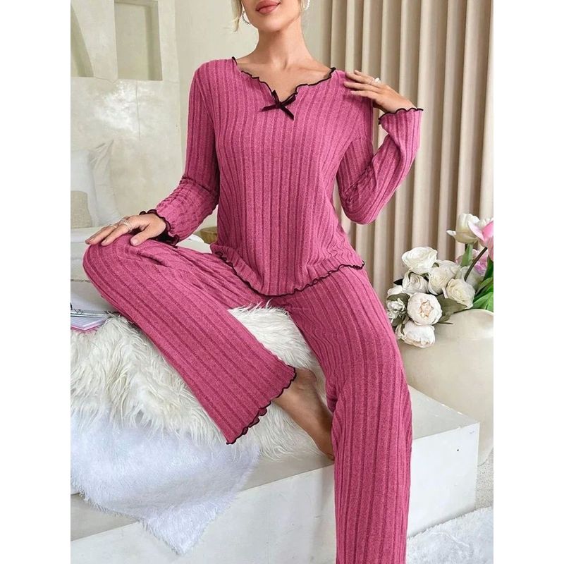

V-neck Twisted Edge Solid Color Pajamas V Neck Twisted Edge Pure Color Pajamas Suit 4 pieces M(M)
