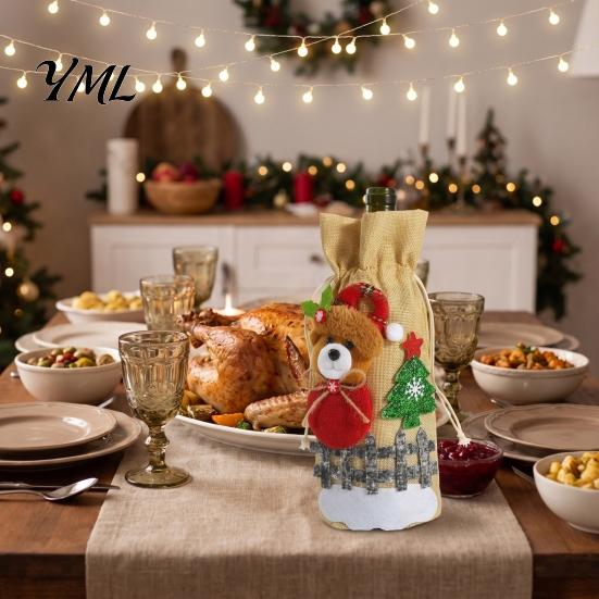 Decorative Wine Bottle Holders Christmas Cover, Santa Claus/Snowman/Elk/Bear Gift Bag with Sticker Decals, Holiday Winter Home Accents Party