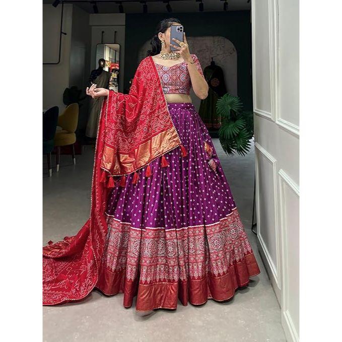 Kvinnes perfekt Kolleksjon Tussar Silke Lehenga Choli Patola Trykk med Foliearbeid ,Uferdig Bluse,