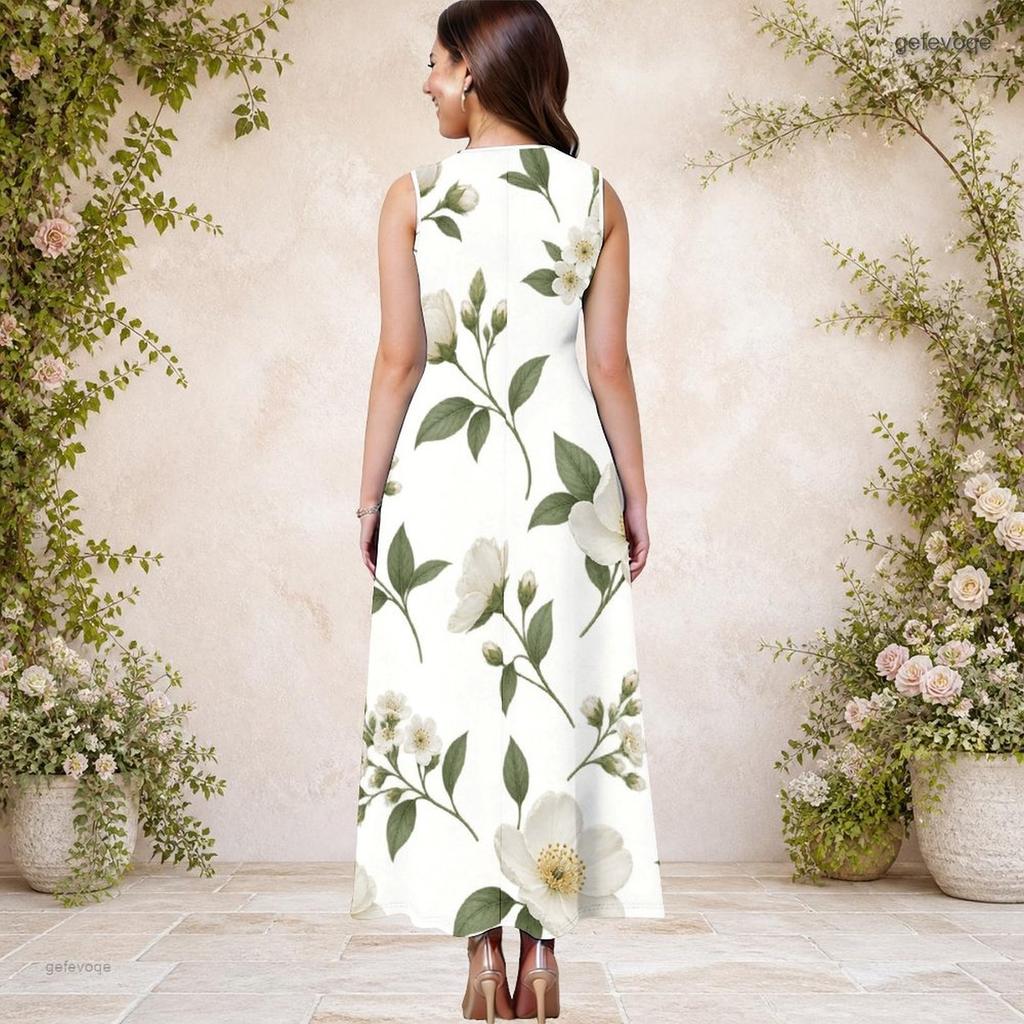 Women Plus Size Round Neck Sleeveless White Blue Floral Printed A Line Maxi Dress With Side Pockets