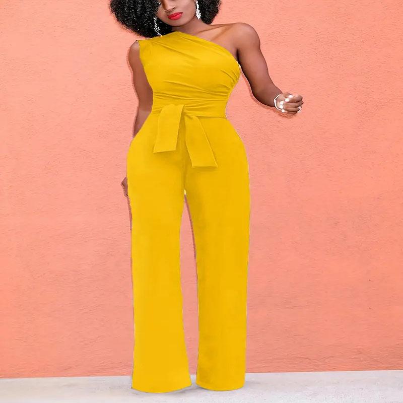 Women's Jumpsuit Solid Skew Collar Crop Top Straight Pants Belt Sexy Sleeveless Loose Pants Elegant Charming Playsuits