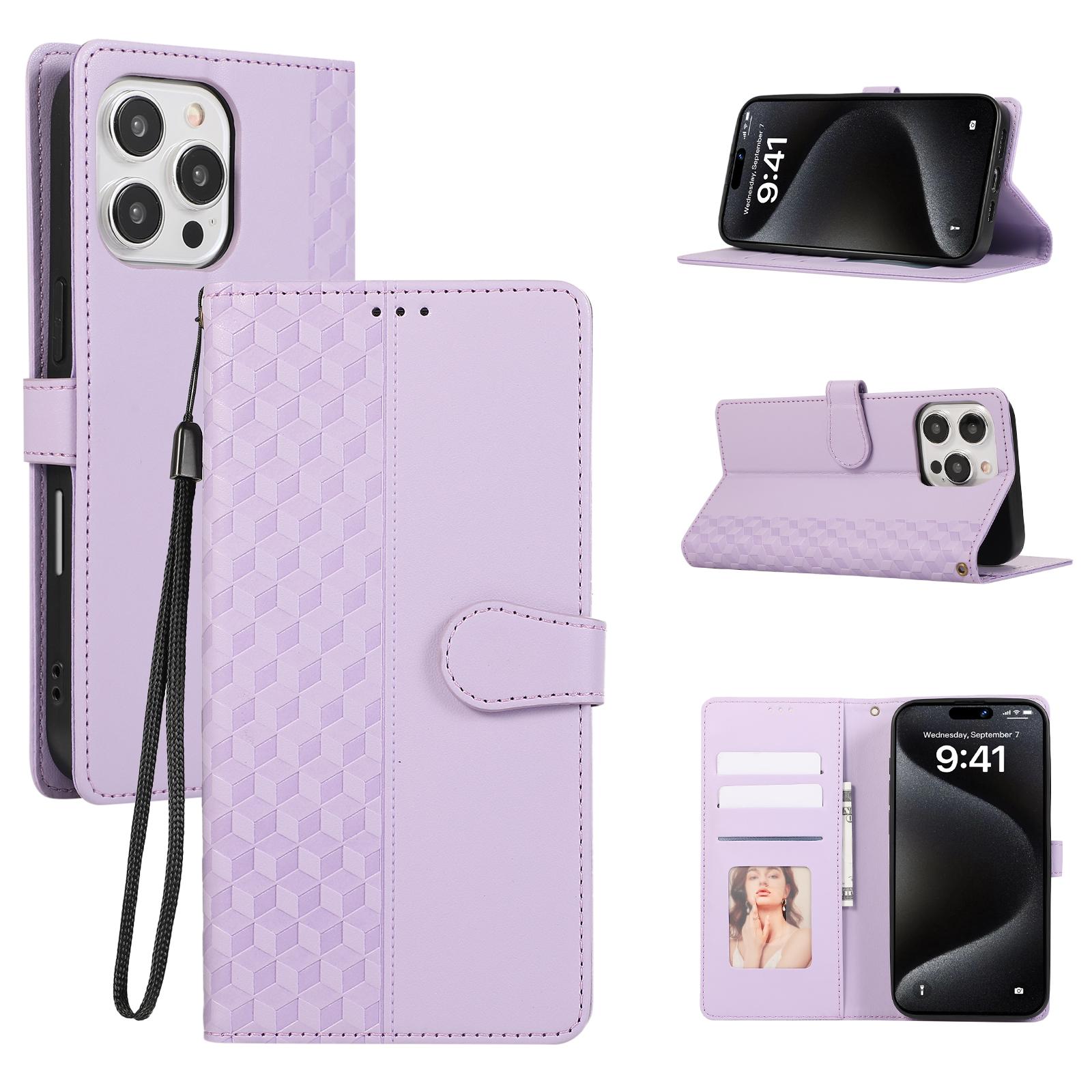 

For iPhone 15 Pro Case 3D Rhombus Grid Imprinted Wallet Leather Phone Cover with Lanyard Purple