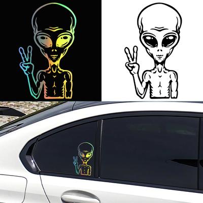 G181 Autocollants de Voiture 9.2X15.4CM Vinyle Décalcomanie OVNI Dessin Animé Alien Signe de Paix Intéressant Décoratif Voiture Noir / Argent/Laser