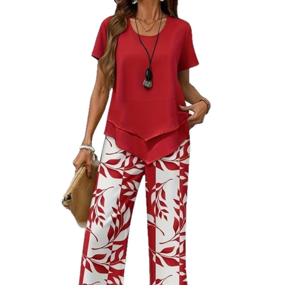 Women Summer Fashion Two Piece Set, Stylish Slimming Short Sleeve Top, High Waist Wide Leg Pants, Elegant Casual Matching Outfit
