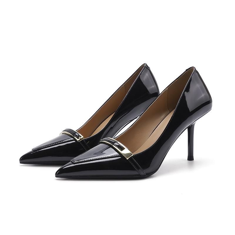 8-Beautiful one-word metal buckle high-heeled single shoes femininity not tired feet pointed stiletto high heels women