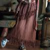 Johnature Women Vintage Skirts Elastic Waist Solid Color Autumn Patchwork Tassel A-Line Female Skirts