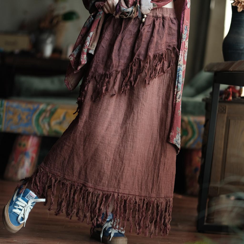 Johnature Women Vintage Skirts Elastic Waist Solid Color Autumn Patchwork Tassel A-Line Female Skirts