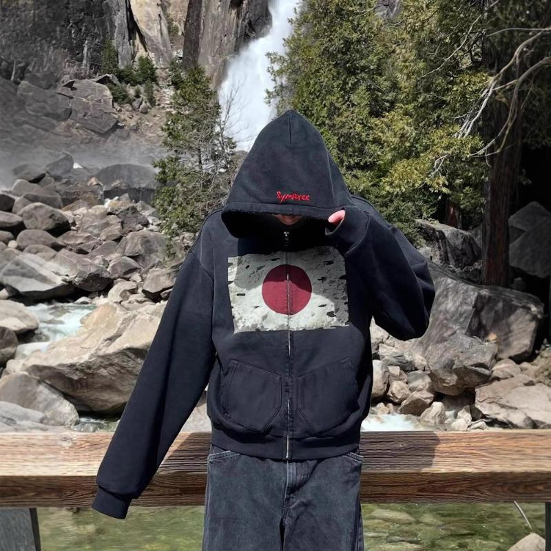 Y2K street punk print loose long sleeved zipper cardigan hooded sweatshirt