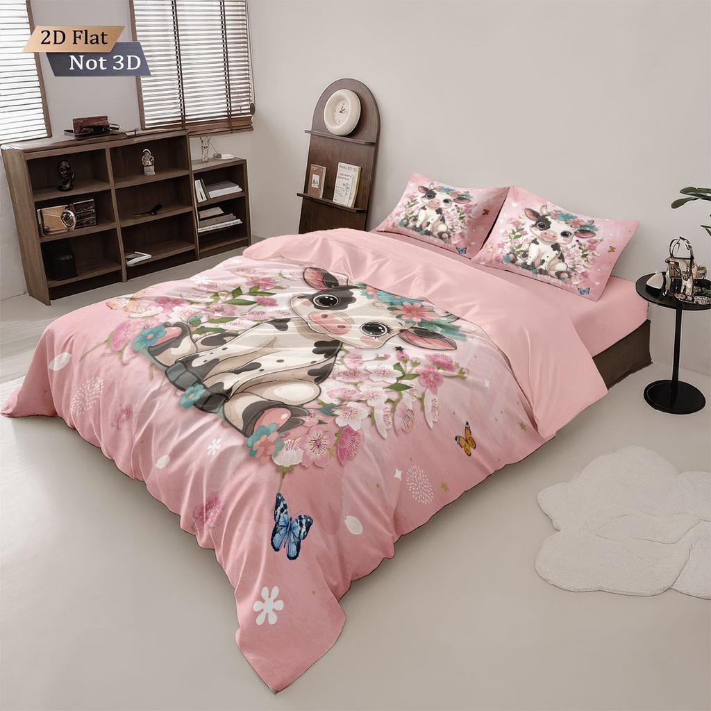 3pcs Valentine's Day Romantic Pink Cow Print Coreless Down Duvet Cover Set Comfortable Bedroom Bedding Decoration Machine Wash