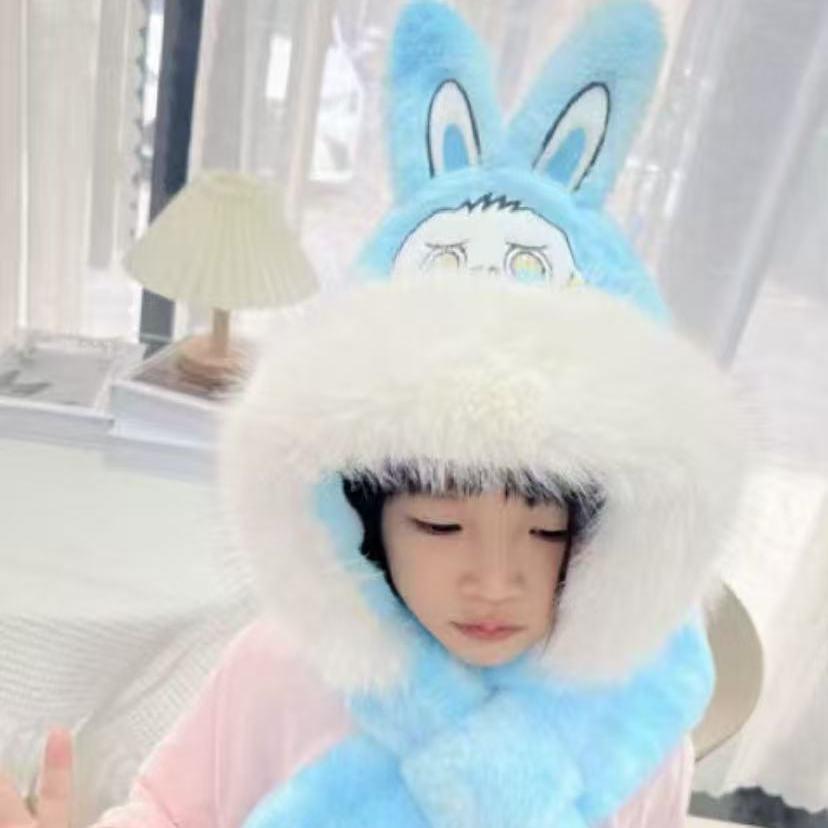 All-in-One Cartoon Embroidery Hat, Scarf & Gloves for Kids - Windproof & Warm with Ear Protection for Autumn & Winter.