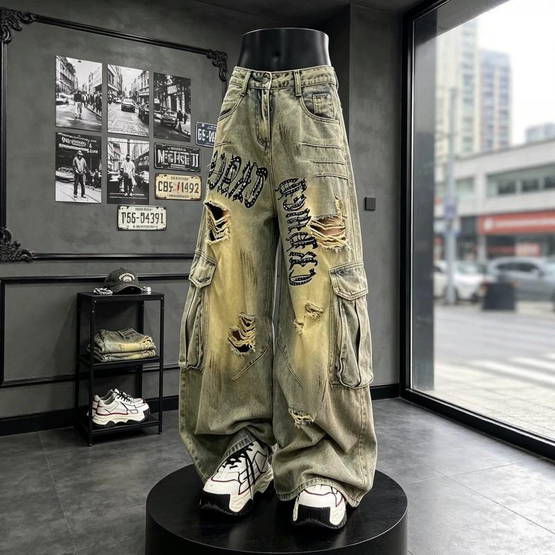 Mens Hip Hop Baggy Jeans Distressed Washed Denim Pants Streetwear Wide Leg Trousers