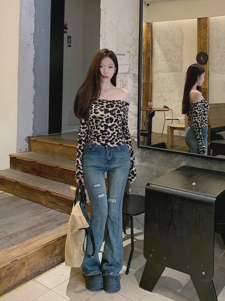 In-Stock Spicy Leopard Print Off-Shoulder Top: Waist-Cinching, Slimming, Long-Sleeved T-Shirt