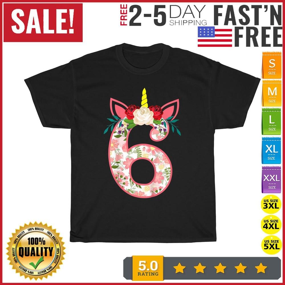 

Kids 6 Year Old Gifts 6th Birthday Girls Unicorn Face Flower T Shirt Men Women 4XL