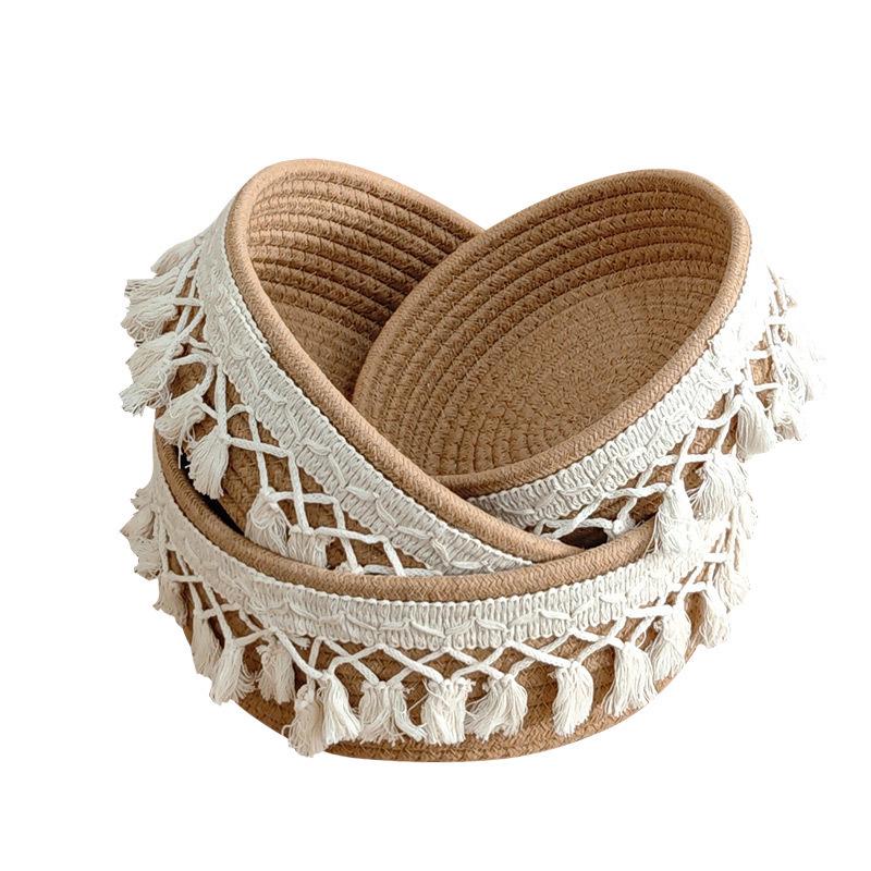 Round Tassel Cotton Rope Storage Basket Set - Country Style, Three-Piece Woven Clutter Organizer