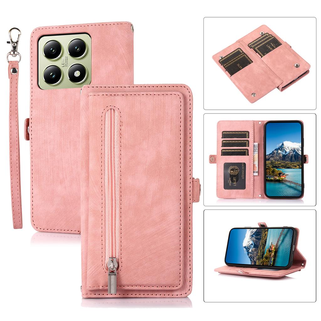 For Xiaomi 14T Case Zipper Pocket 9 Card Slots PU Leather Phone Cover with Wrist Strap