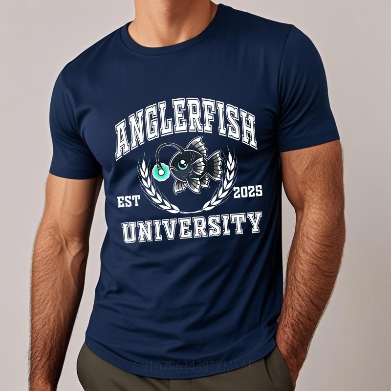 Fashion Summer Man Tshirt Anglerfish University Est 2025 Fish Emblem Short Sleeve Relaxed Fit Round Neck Tshirt Teeshirt Male