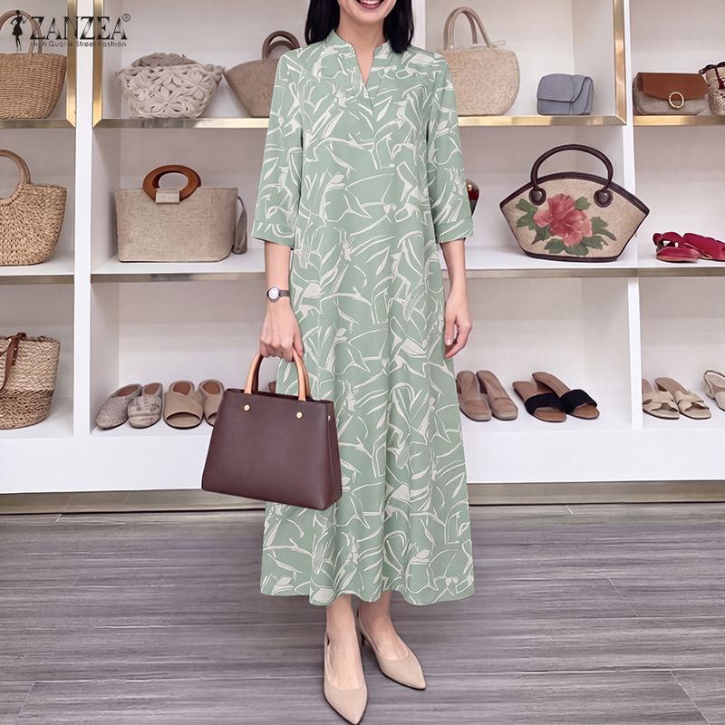 ZANZEA Women Elegant Stand Neck 3/4 Sleeve Loose Floral Printed Swing Long Dress