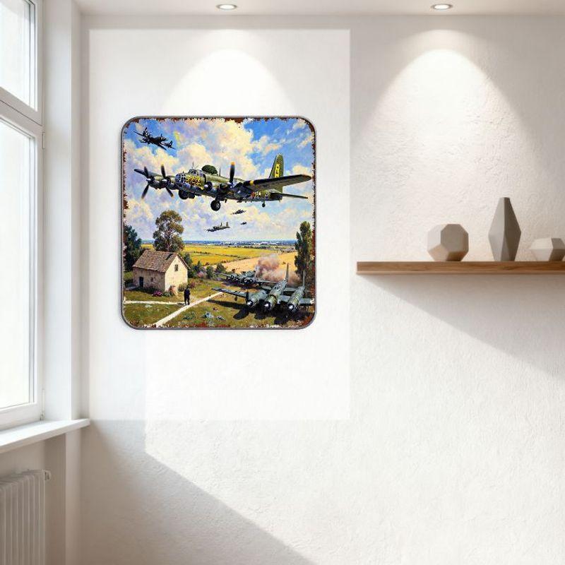 Vintage vojenská scéna z 2. světové války Kovový plechový znak - Bombardéry 2. světové války v letce, Kamenný dům, Rustikální vzhled pro domácí bar Muž C