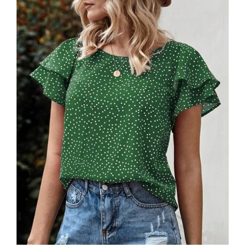 Womens Summer Red Polka Dot Print Blouse With Ruffle Short Sleeves Casual Round Neck Versatile T Shirt